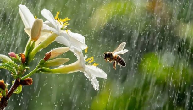蜜蜂在雨中飛行