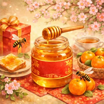 2026 過年送禮指南精選圖片，蜂蜜與水果的療癒插畫風格年節送禮情境
